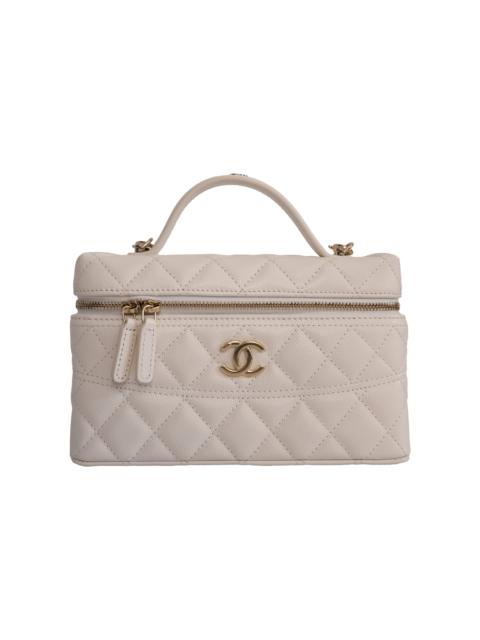 CHANEL Chanel CC Quilted Grained Shiny Calfskin Top Handle Long Chain Vanity Case L19 White