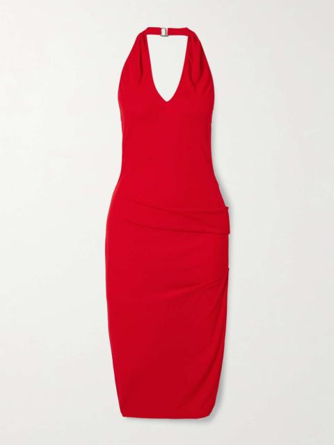 Pasadena gathered crepe halterneck midi dress Red