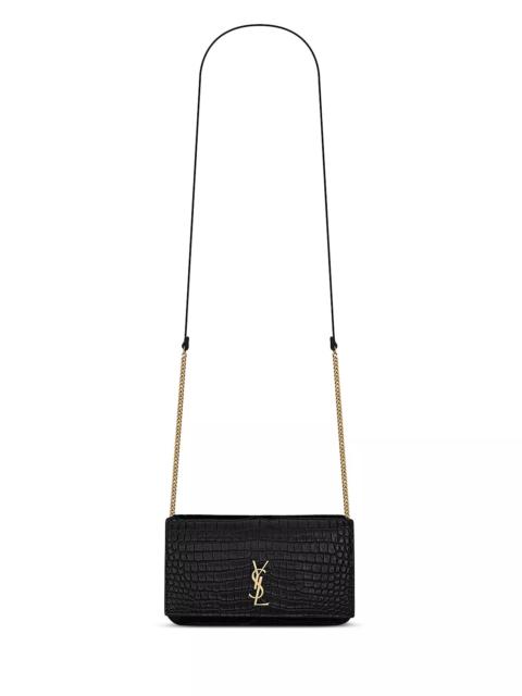 SAINT LAURENT Cassandre Phone Holder in Shiny Crocodile-Embossed Leather