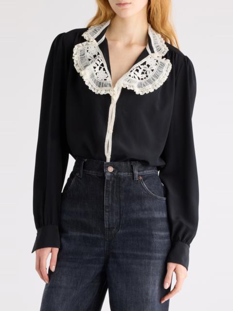 Chloé Chloé Silk Crêpe de Chine & Lace Ruffle Collar Button-Up Shirt in Black at Nordstrom