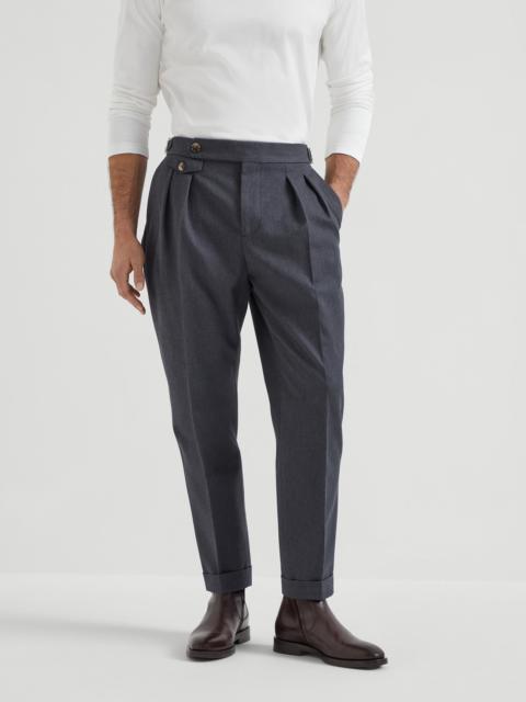 Brunello Cucinelli Cotton and virgin wool gabardine tailor fit trousers with reversed double pleats and waist tabs