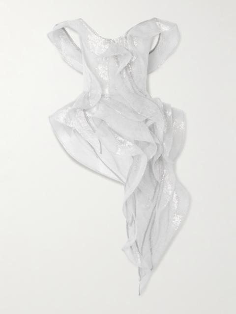 MATICEVSKI Liora Wave Asymmetric Ruffled Sequined Mesh Top