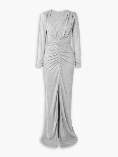 COSTARELLOS Tatjana ruched metallic knitted maxi dress