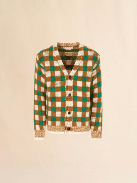 Marni GREEN WOOL AND MOHAIR CARDIGAN WITH CHECKERBOARD MOTIF