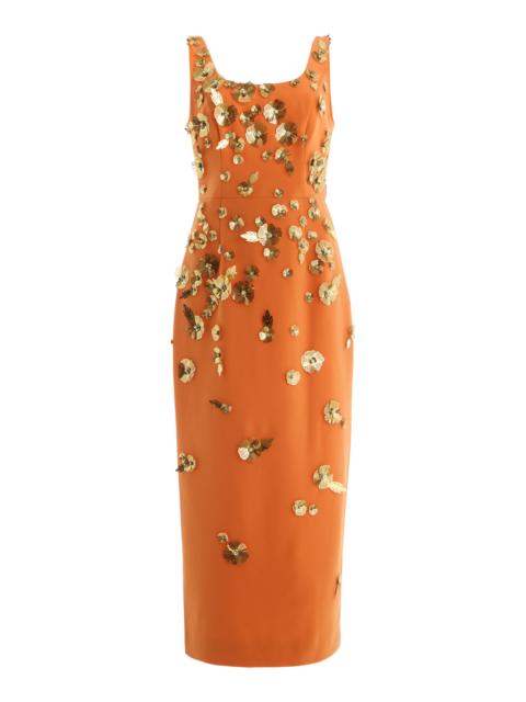 CAROLINA HERRERA Embroidered Crepe Midi Dress orange