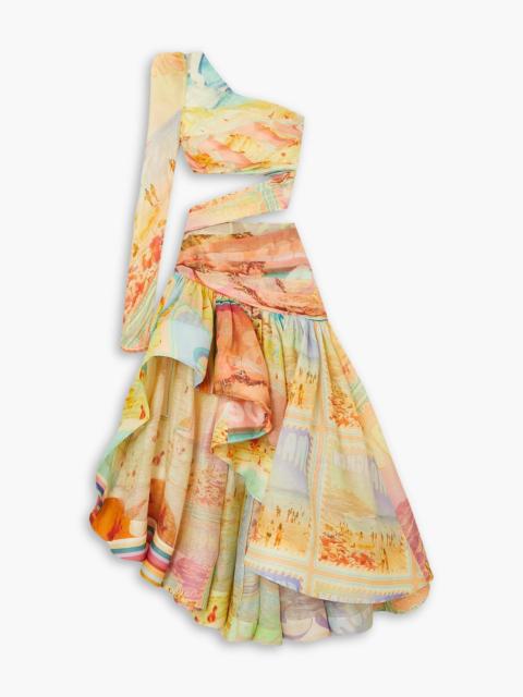 Zimmermann One-sleeve asymmetric cutout linen and silk-blend organza maxi dress