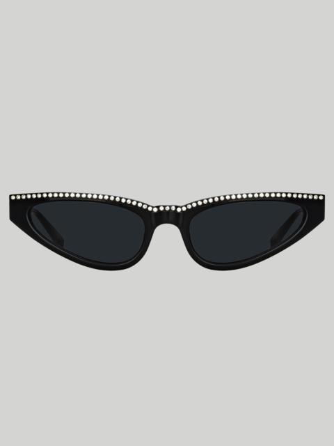 LINDA FARROW Slim Cat Eye Sunglasses in Black and Crystals