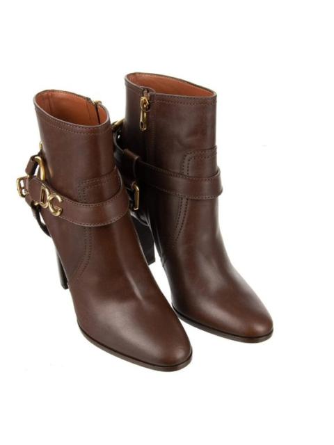 Dolce & Gabbana Leather Boots Shoes CAROLINE with DG Logo Brown Gold 12012