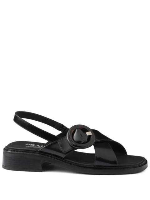 Prada Women Brushed Leather Crisscross Band Sandals With Plexiglas Buckle