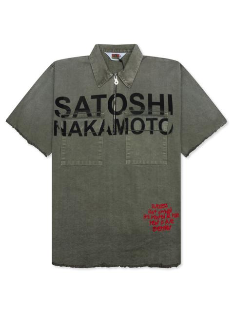 SATOSHI NAKAMOTO SUCCESS ISN'T OWNED MECHANIC SHIRT - OLIVE