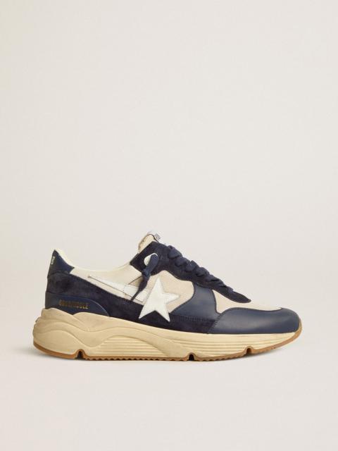 Golden Goose Running Sole in cream mesh and blue leather with a white leather star