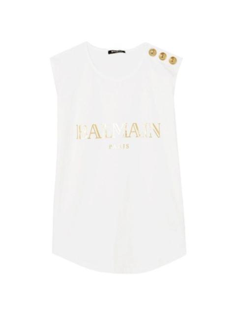 Balmain Women White Button Embellished Logo Printed Tank Top/Cami