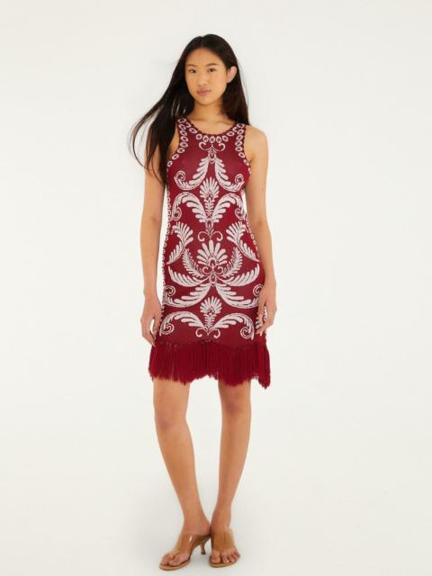 FARM RIO Burgundy Garden Tapestry Fringe Knit Dress