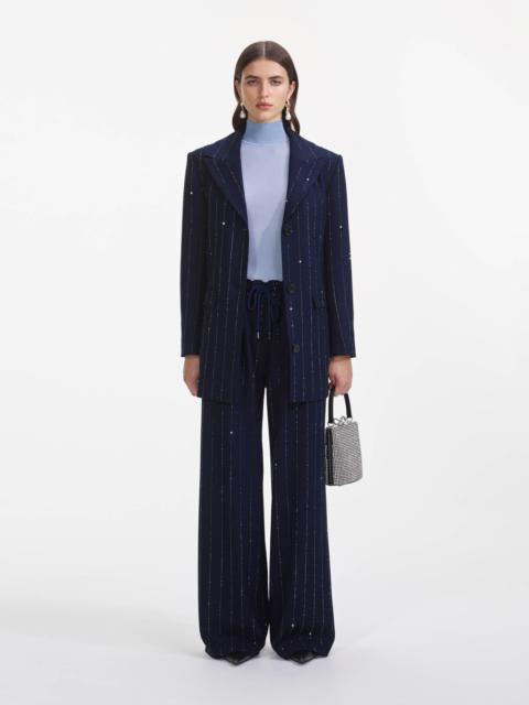 self-portrait Navy Rhinestone Pinstripe Trousers