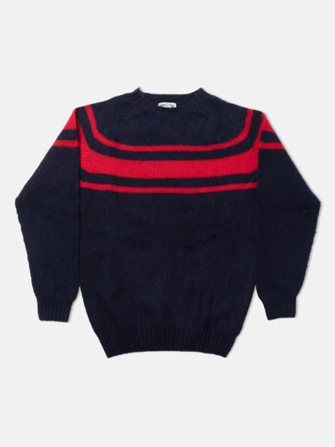 J. PRESS MADE-IN-SCOTLAND NAVY CHEST STRIPE SHAGGY DOG SWEATER - TRIM FIT