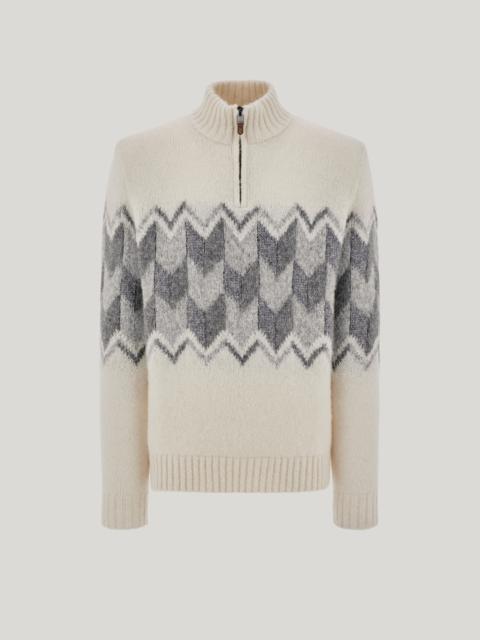 Canali CREAM ZIPPERED MOCK NECK SWEATER WITH GRAY TONES IN AN ALPACA BLEND