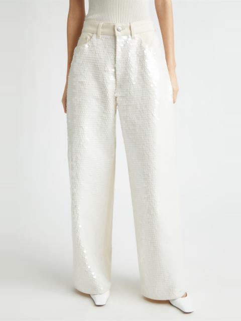 Stella McCartney Stella McCartney Opalescent Sequin Wide Leg Jeans in Ivory White Denim at Nordstrom