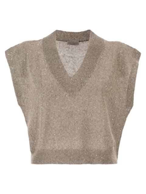 Brunello Cucinelli Brunello Cucinelli Women V-Neck Top In Linen And Cotton Knit With Sequins