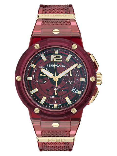 FERRAGAMO FERRAGAMO F-80 Translucent Chronograph Recycled Polyurthane Strap Watch, 44mm in Burgundy at Nordstr