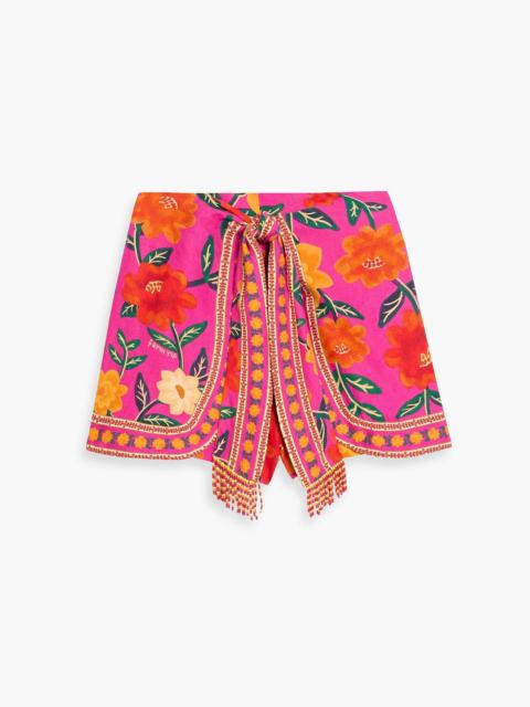 FARM RIO Skirt-effect printed linen-blend shorts