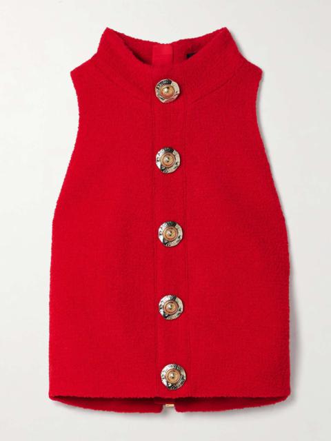 Cropped button-embellished wool-blend bouclé top Red