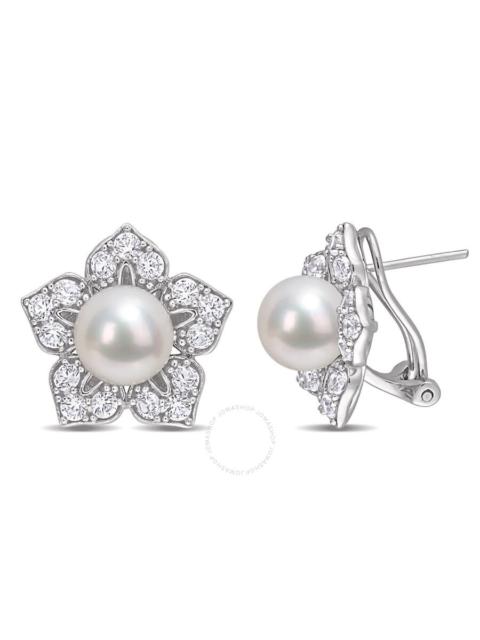Other Designers AMOUR 8.5-9mm Freshwater Cultured Pearl and 2 3/4 CT TGW Created White Sapphire Floral Earrings In S