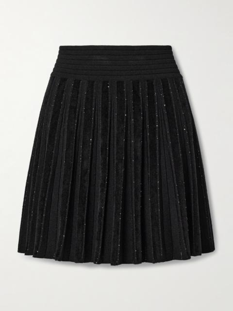 Balmain Pleated Sequin-embellished Velvet And Ribbed-knit Mini Skirt