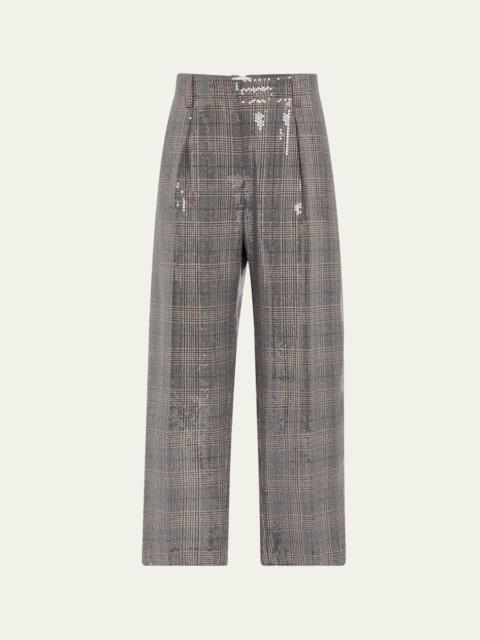 Brunello Cucinelli Glam Check Sequined Pleated Crop Trousers