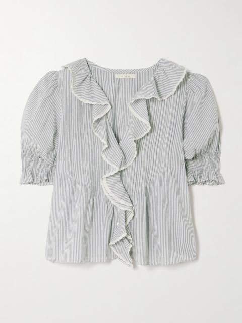 DÔEN Henri Lace-trimmed Ruffled Pintucked Striped Organic Cotton-voile Top