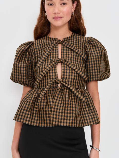 GANNI Crinkled Taffeta Check Peplum Blouse