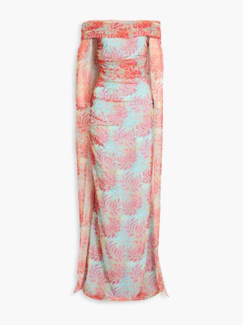 Other Designers Rikyu off-the-shoulder cape-effect floral-print stretch-mesh gown