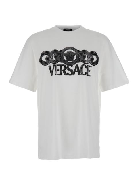 Versace Men White T-Shirt With Medusa Head Logo Print On The Front In Cotton Man