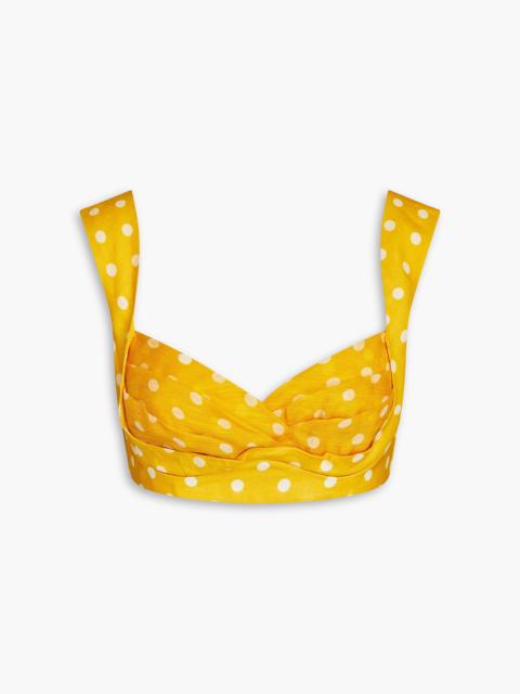 Zimmermann Pleated polka-dot linen and silk-blend bra top