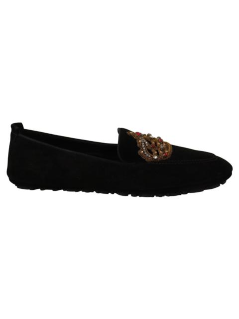 Dolce & Gabbana Dolce & Gabbana Black Leather Crystal Gold Crown Loafers Shoes