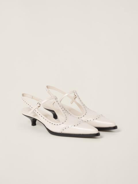 Brushed leather brogue slingback T-strap pumps