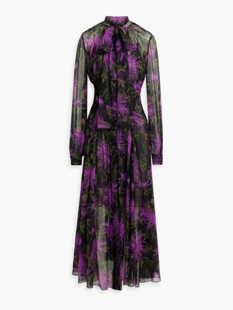 Oscar de la Renta Pussy-bow pleated floral-print silk-chiffon maxi dress