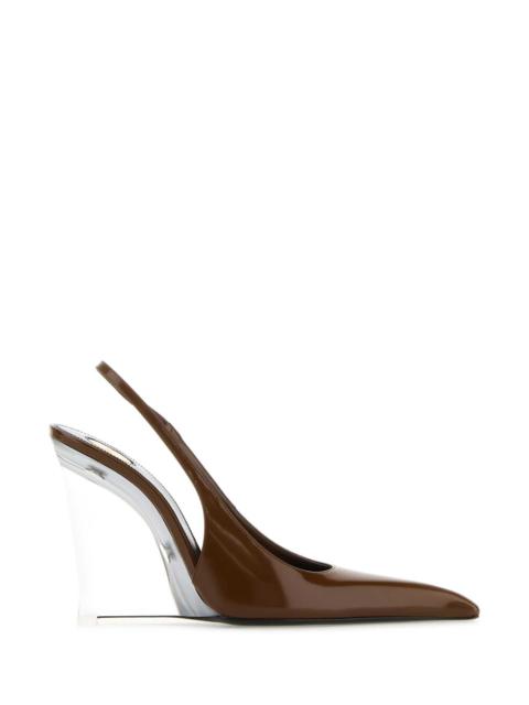 Saint Laurent Women Brown Leather Miller Wedges
