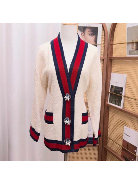 GUCCI GUCCI/Red and Blue Ribbon Pearl Button Tweed Knit Cardigan