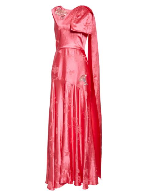 Erdem Erdem Asymmetric Draped Floral Jacquard Satin Gown in Coral Haze at Nordstrom