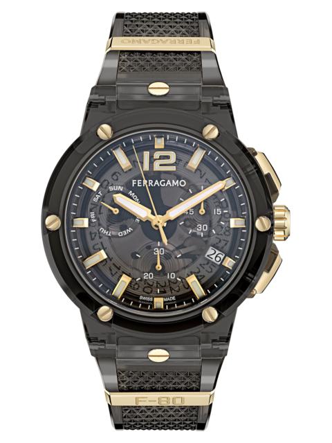 FERRAGAMO FERRAGAMO F-80 Translucent Chronograph Recycled Polyurthane Strap Watch, 44mm in Black at Nordstrom