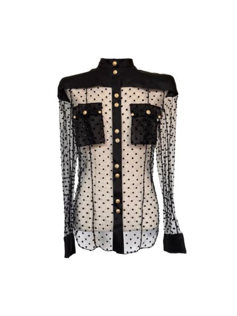 Balmain Long Sleeve Black Polka Dot Silk Shirt with Gold Buttons