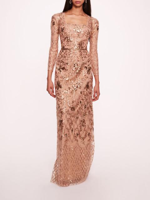 Marchesa SEQUIN LATTICE SLEEVED GOWN