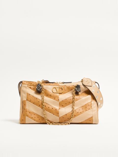 Valentino VALENTINO GARAVANI PANTHEA MEDIUM SHOULDER BAG IN OSTRICH AND NAPPA LEATHER WITH A CHEVRON PATTERN