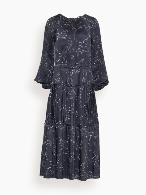 Plan C Pleated Dress in White Flower / Blue Base