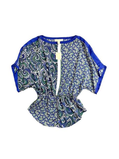 Michael Kors Paisley Print Satin Dropped Shoulder Blouse Top Blue Top Sz 4 NWT