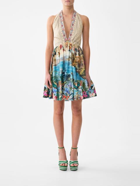 CAMILLA RUFFLE HEM HALTER SHORT DRESS