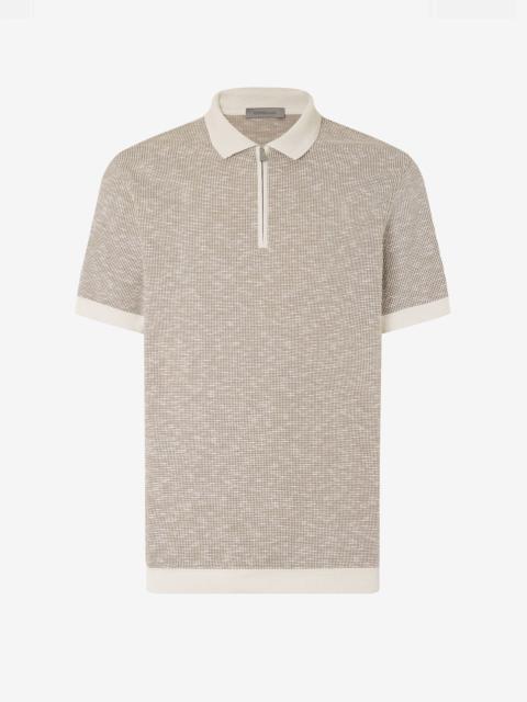 CORNELIANI Brown and white zipped cotton polo shirt