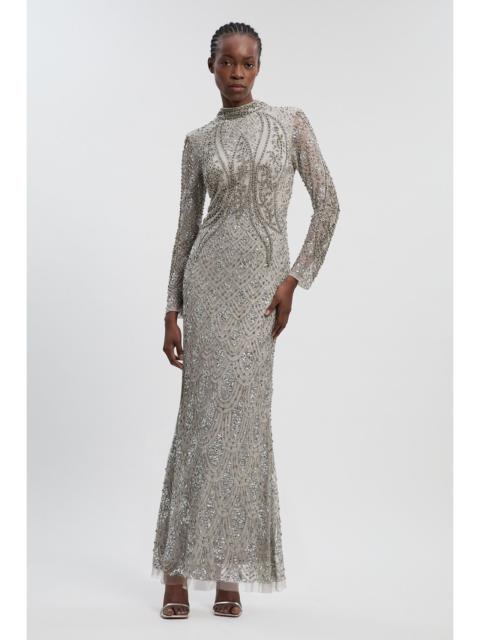 KAREN MILLEN Crystal Embellished Long Sleeve Woven Maxi Dress