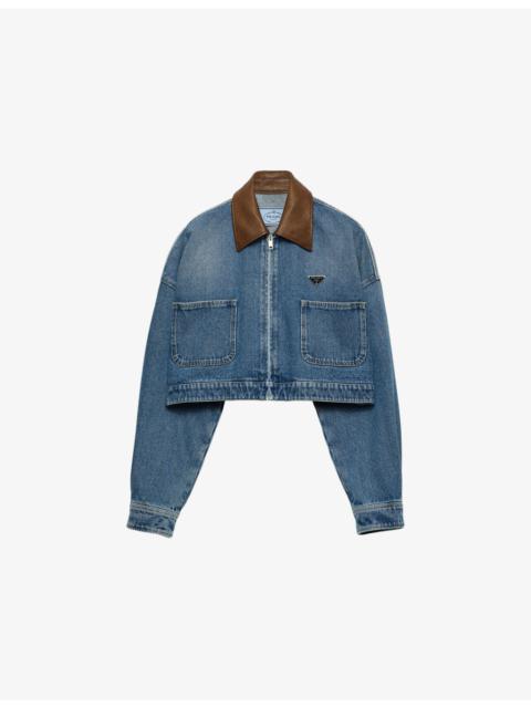 Prada Contrast-Collar Cropped Denim Jacket