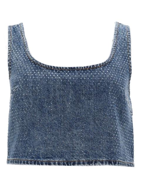 self-portrait COTTON DENIM CROP TOP WITH RHINESTONES